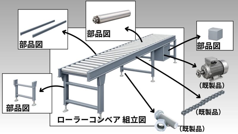ベルトコンベアはたくさんの部品でできているイラスト

そして、その図面は組立図と部品図だよということが分かるイラスト