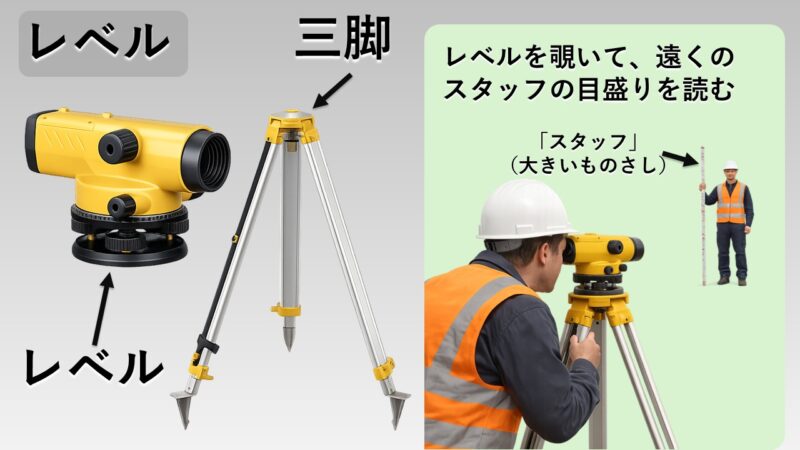 オートレベルとスタッフによる高低差の測定
